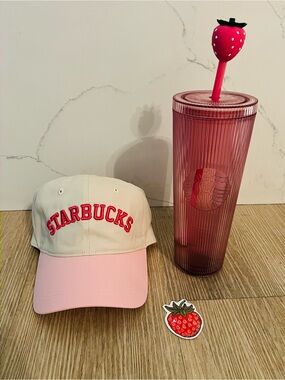 Starbucks Baseball Hat and Strawberry Cold Cup Tumbler